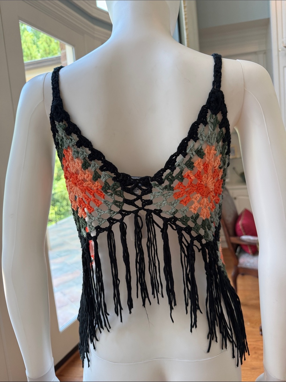 Boho Crochet Fringe Tank Top - Black with Coral & Sage - Picture 5 of 7